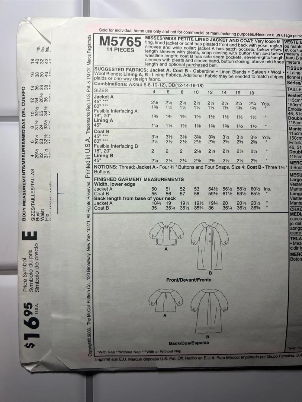 McCall’s M5765 Sewing Pattern AX5 Women’s Fashion Pattern